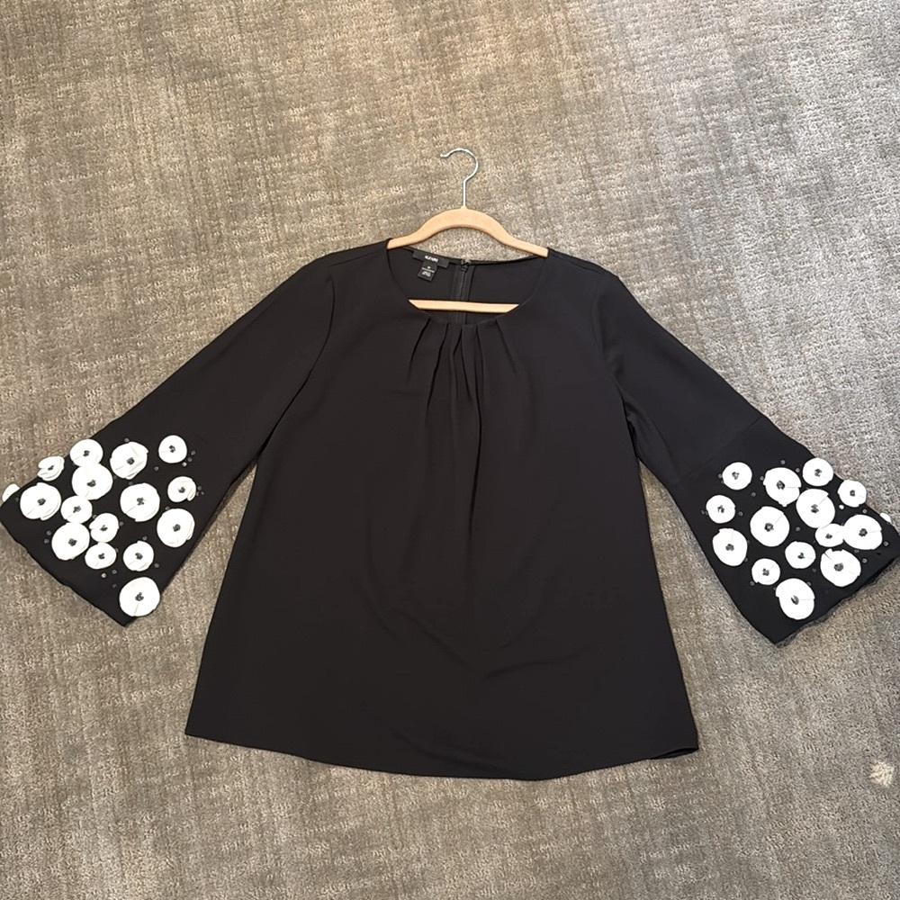 Alfani Black Blouse with White Floral Sleeves